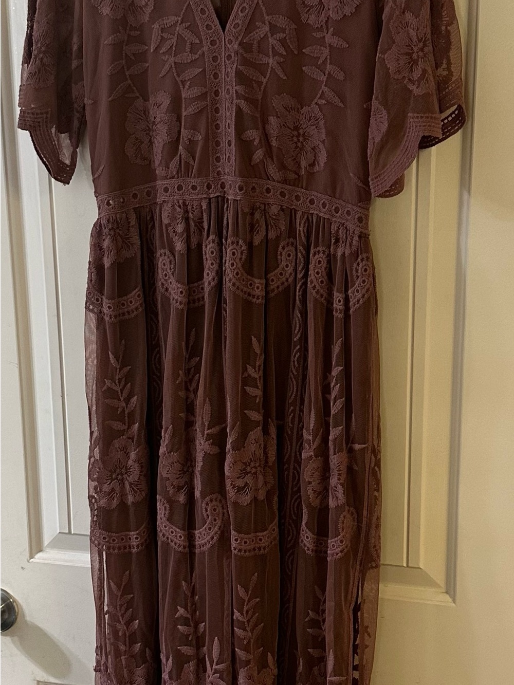 Altar'd State Mauve Brown Embroidered V-Neck Maxi Dress